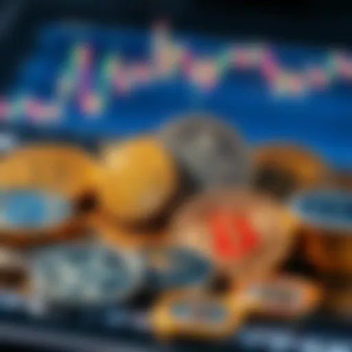 Diverse cryptocurrency coins arranged for investment analysis