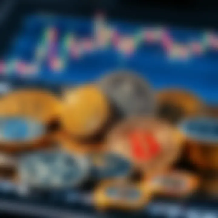 Diverse cryptocurrency coins arranged for investment analysis